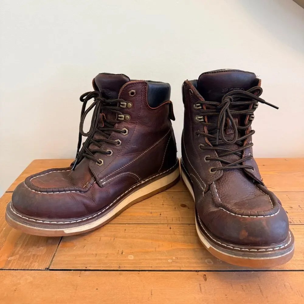Safety Loong Men's Moc Toe Work Boots Size 11.5 Brown Leather Wedge Sole